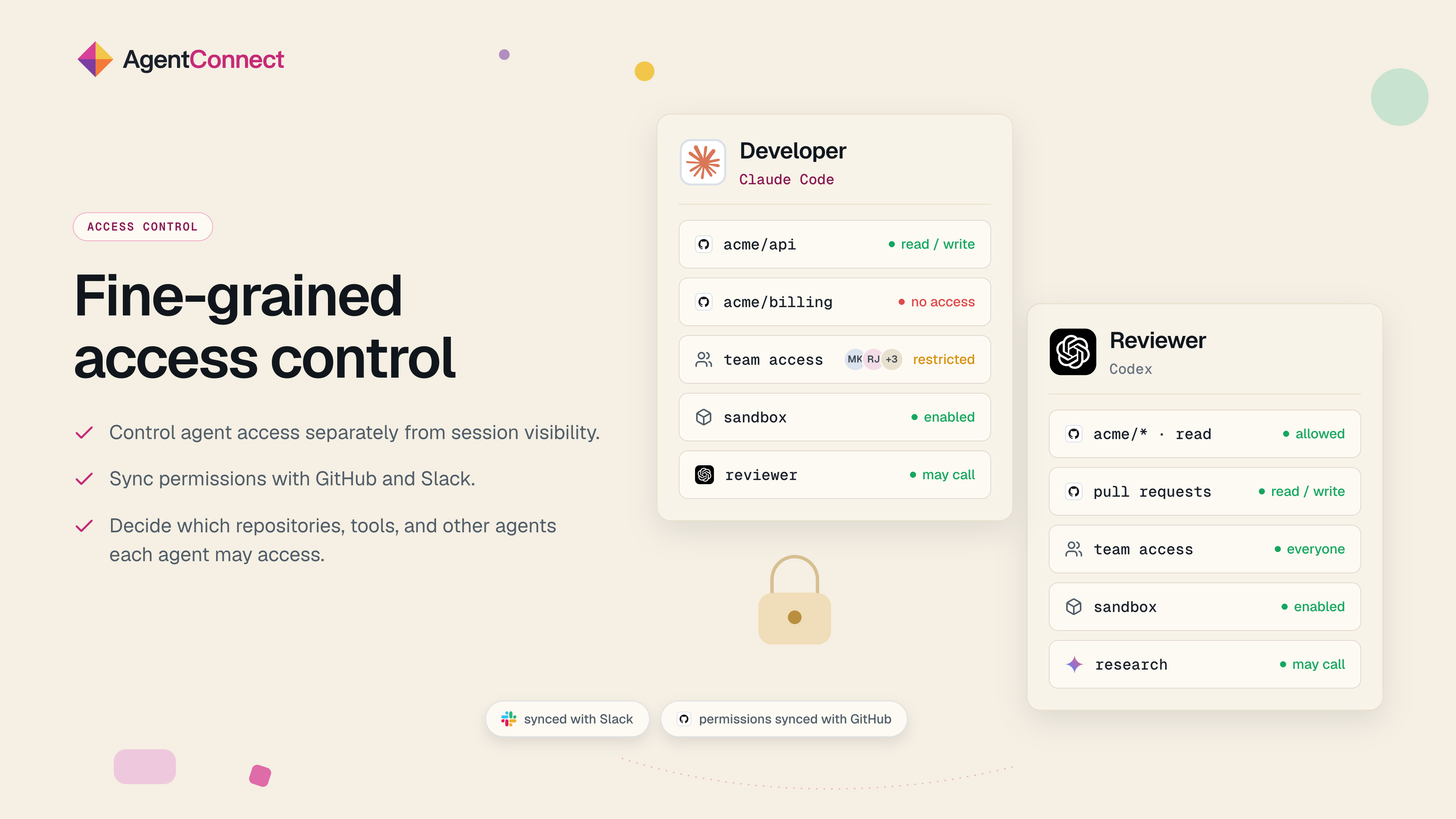 Agent and session access configured separately, with permissions synchronized from Slack and GitHub.