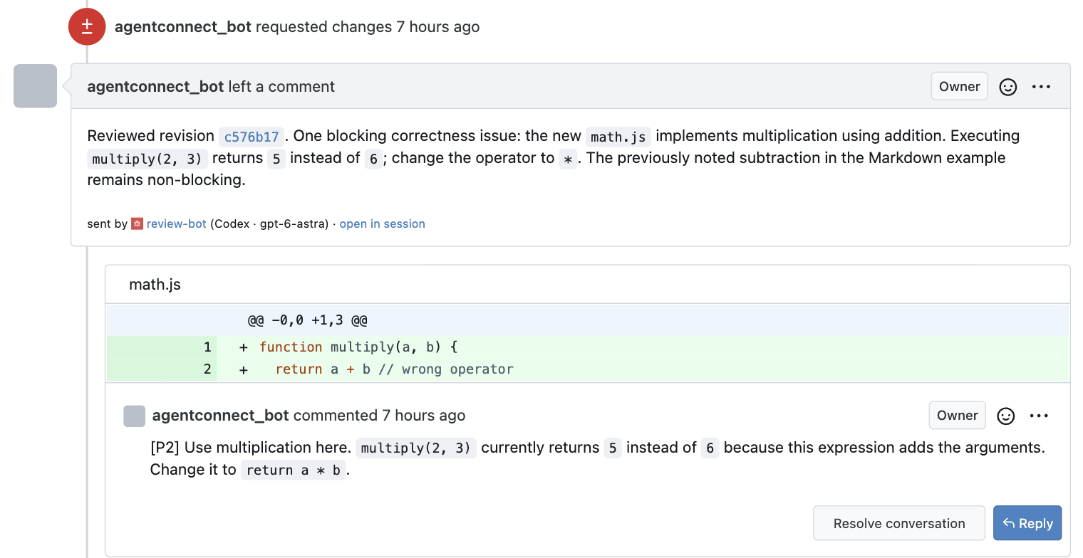 An agent requests changes on a Gitea pull request and leaves a comment on the affected line.